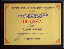 Diploma on a metal. International Fashion Designer's Association.